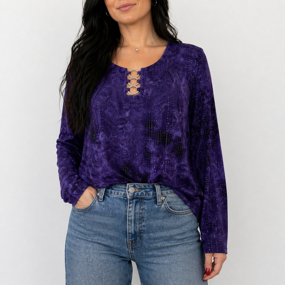 Cocomo Y2K Studded Blouse 1X Plus Boho Purple Stretchy Abstract Artsy Festival
